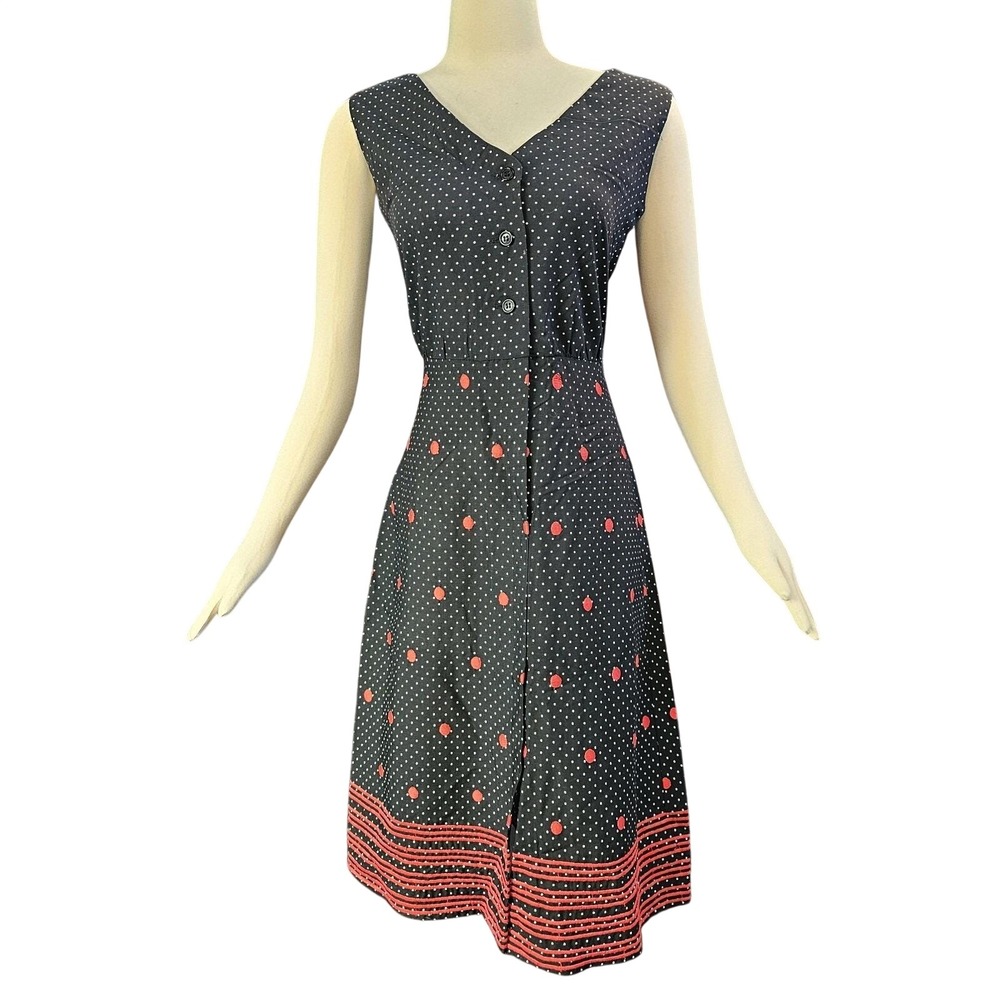 Vintage 1960's Dress Black Red White Polka Dot Short Sleeve Retro Secretary